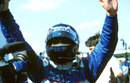Damon Hill celebrates his second place in the Hungarian Grand Prix