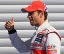 Jenson Button celebrates taking pole position at Spa