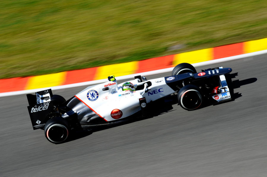 Sergio Perez at speed on medium tyres
