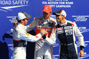 Jenson Button congratulates Kamui Kobayashi and Pastor Maldonado after qualifying