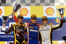 Marcus Ericsson celebrates victory in the feature race ahead of James Calado and Davide Valsecchi