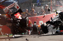Romain Grosjean, Fernando Alonso and Lewis Hamilton are taken out in a spectacular first corner crash