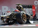 Romain Grosjean's car comes to a rest after his first corner accident