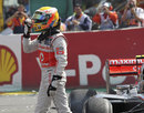 Lewis Hamilton gesticulates at Romain Grosjean after the dramatic first-corner crash