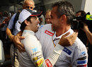 Sergio Perez celebrates second place with Sauber team manager Beat Zehnder