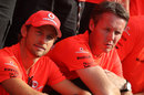 Jenson Button and Sam Michael wait for the McLaren post-race victory photo