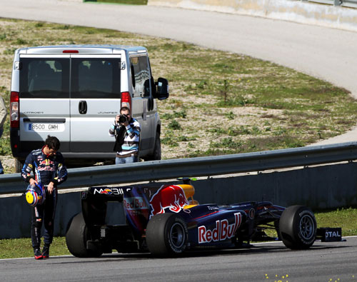 Mark Webber stops on track in his Red Bull