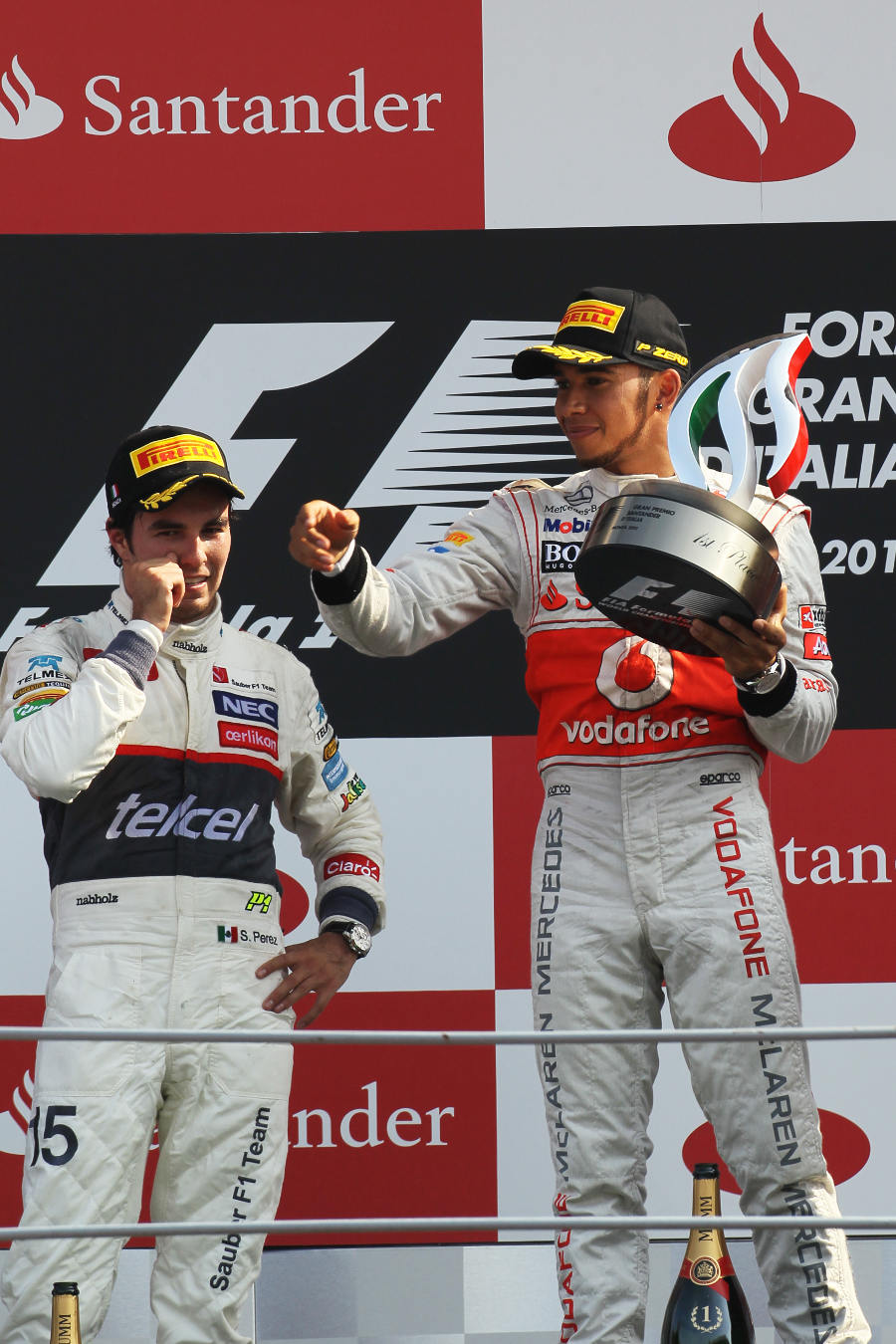 Sergio Perez and Lewis Hamilton on the Monza podium