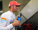 Lewis Hamilton celebrates after taking pole position