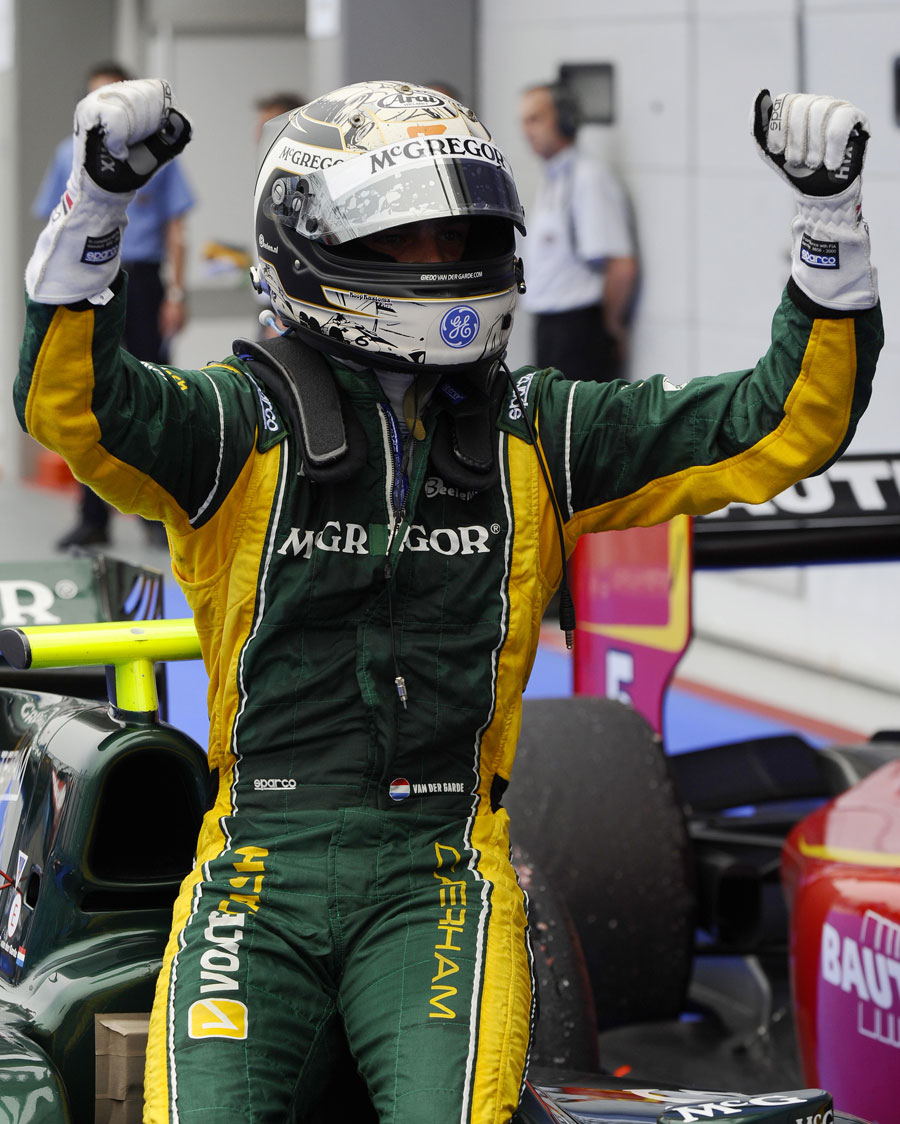Giedo van der Garde celebrates winning the GP2 sprint race in Singapore