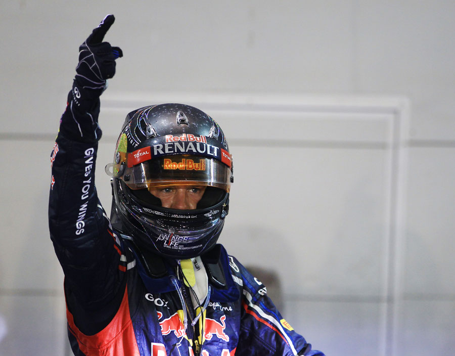 Sebastian Vettel celebrates victory in Singapore