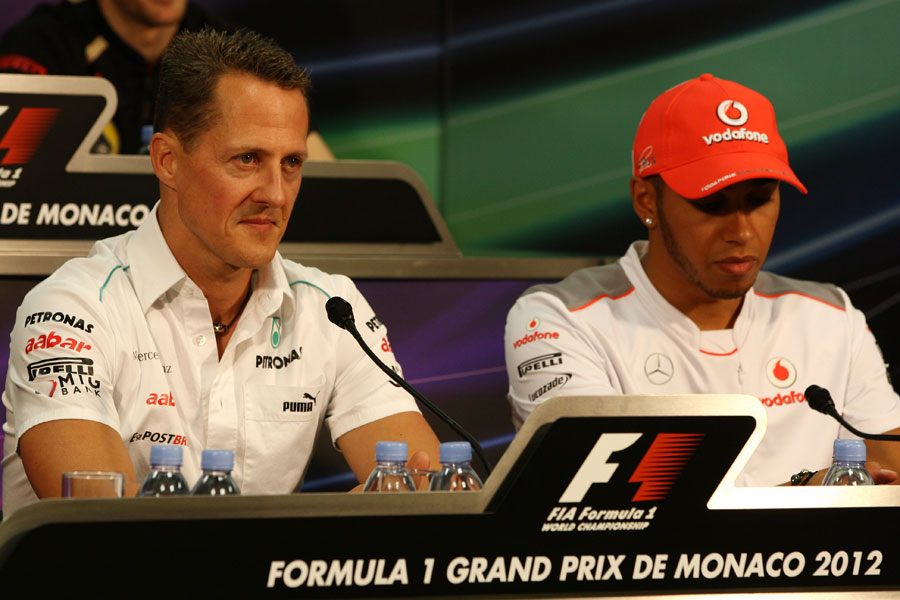Michael Schumacher and Lewis Hamilton in the press conference