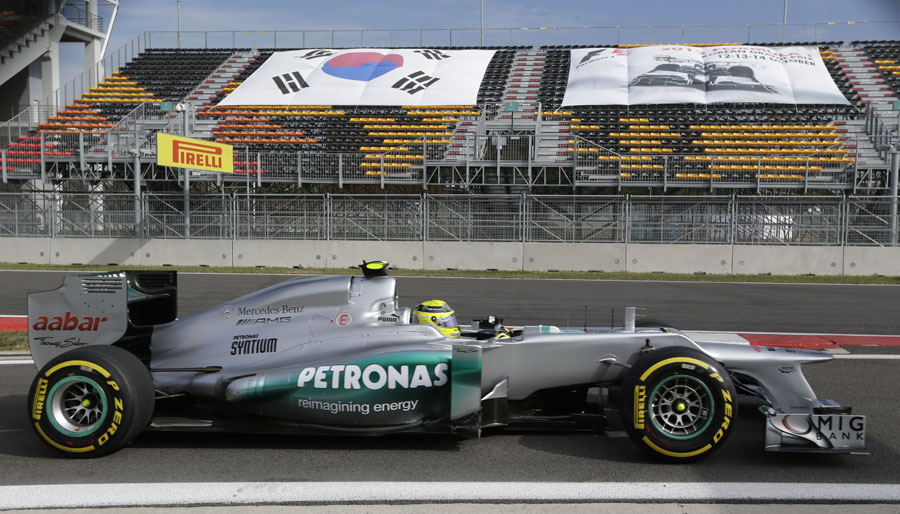 Nico Rosberg passes empty seats as he joins the track