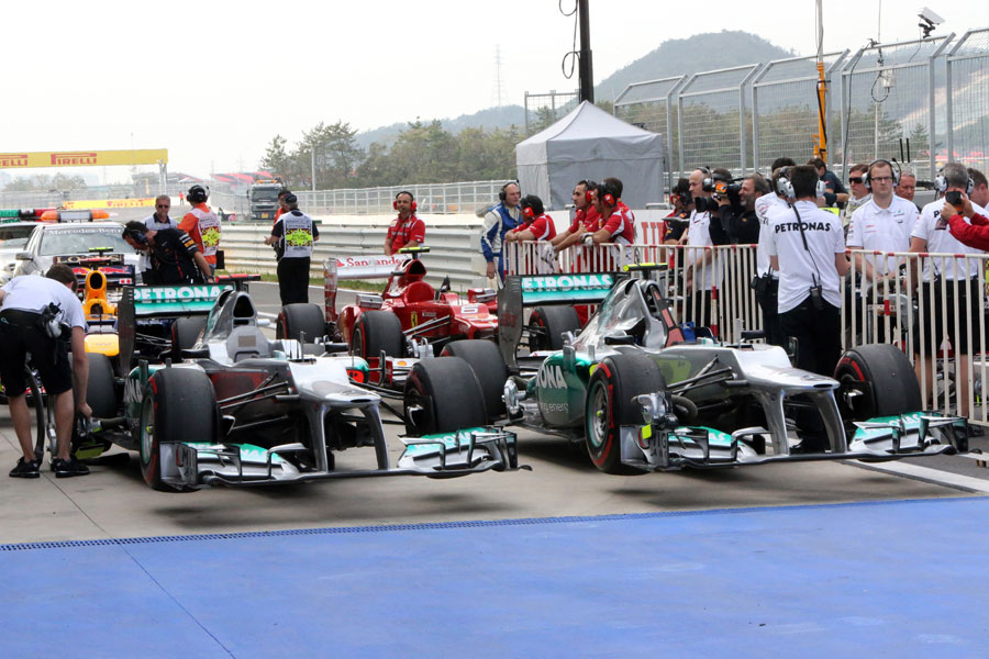 The two Mercedes cars in parc ferme