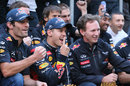 Mark Webber, Sebastian Vettel and Christian Horner celebrate Red Bull's one-two