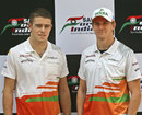 Paul di Resta and Nico Hulkenberg pose before a press conference
