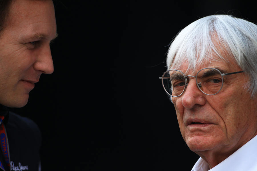 Bernie Ecclestone talks to Christian Horner in the paddock on Saturday