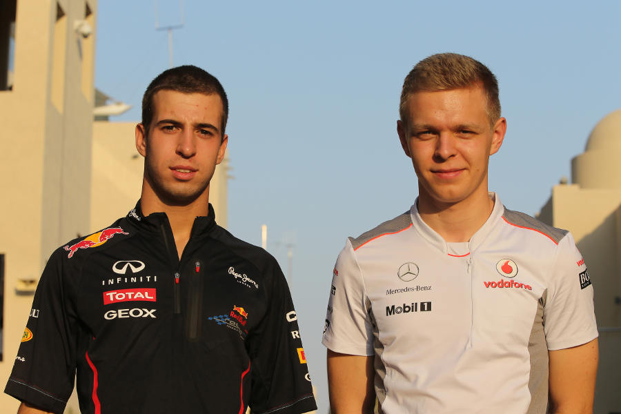 Red Bull's Antonio Felix da Costa and McLaren's Kevin Magnussen in the paddock on Saturday