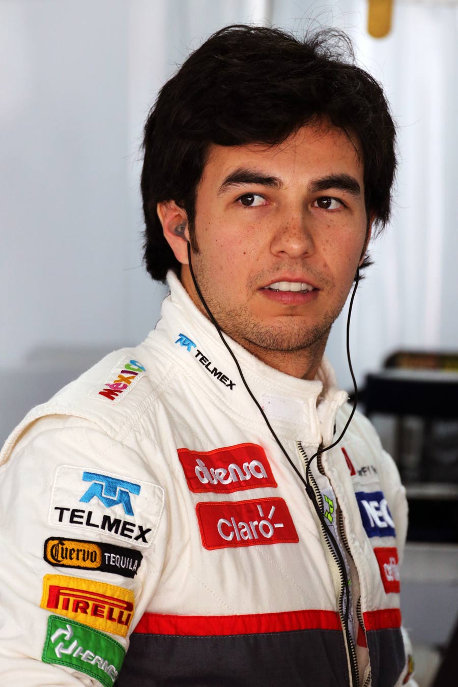 Sergio Perez in the Sauber garage