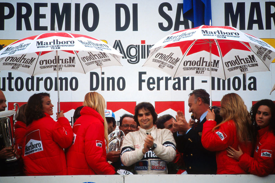Nelson Piquet celebrates victory at Imola