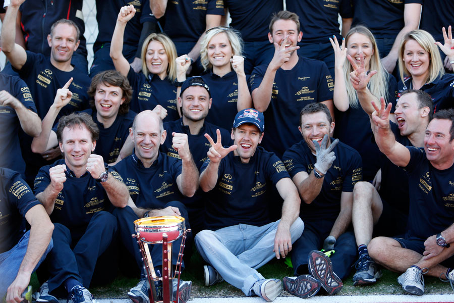 The Red Bull team celebrate a third consecutive constructors' title