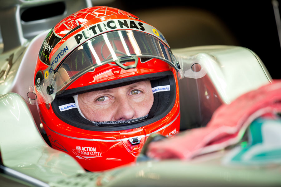 Michael Schumacher focuses in the cockpit of his Mercedes