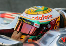 Lewis Hamilton in the cockpit of his MP4-27 with a 'Thank You' message for McLaren on his helmet