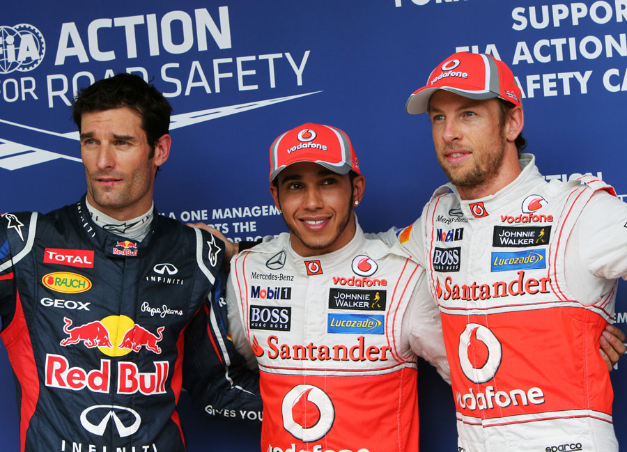 The top three pose for photographs in parc ferme