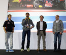 Sebastian Vettel, Mark Webber, Christian Horner and Adrian Newey at Red Bull's headquarters