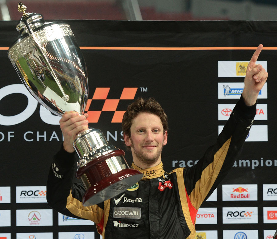 Romain Grosjean celebrates after winning the Champion of Champions event at the Race of Champions