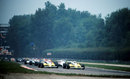 Alain Prost leads away from Rene Arnoux at the start of the race