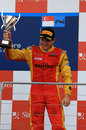 Fabio Leimer celebrates his third place on the podium