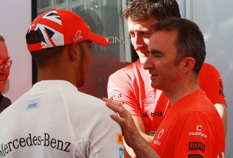 Lewis Hamilton celebrates his victory with Paddy Lowe