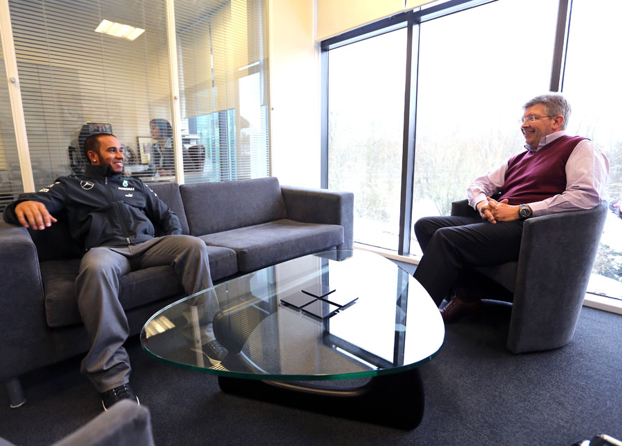 Lewis Hamilton chats with Ross Brawn in the Mercedes factory