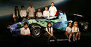 Jenson Button and Rubens Barrichello are joined by school children at the launch of the Honda RA107