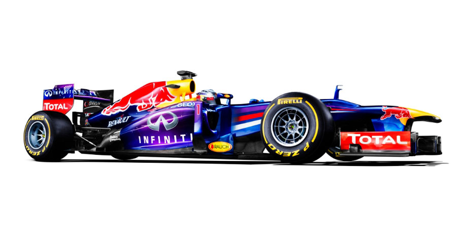 An image of the new Red Bull RB9 with Sebastian Vettel in the cockpit