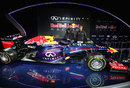 Sebastian Vettel and Mark Webber pose with the Red Bull RB9 