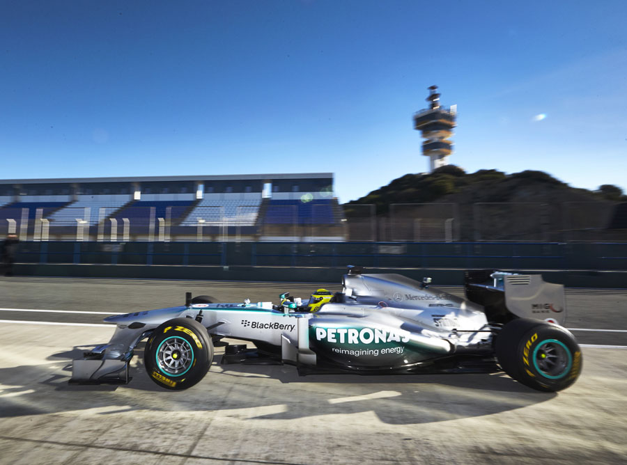 Nico Rosberg drives the new Mercedes W04 during a filming day