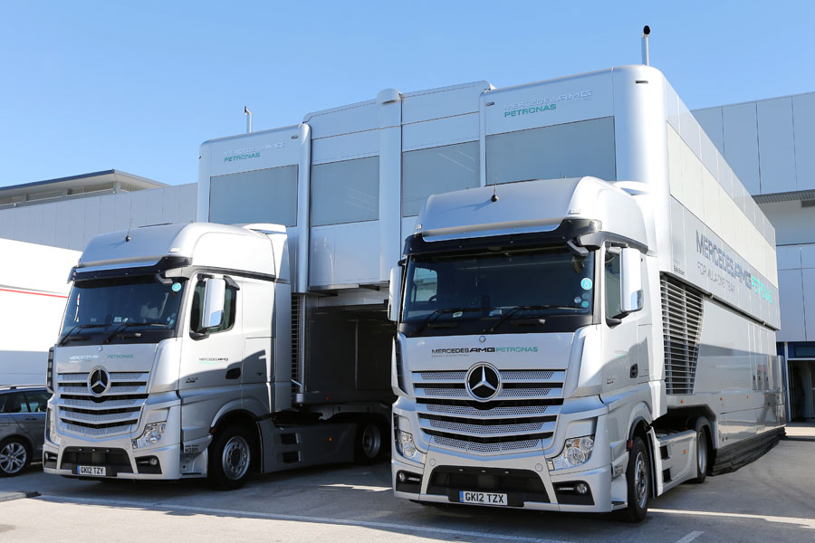 Mercedes transporters in the paddock on Monday