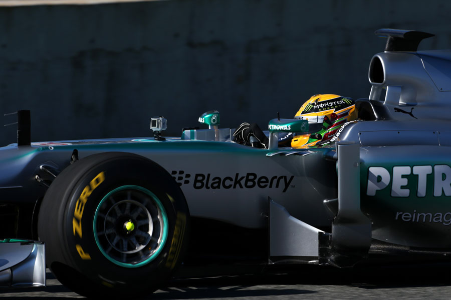 Lewis Hamilton on track in the new Mercedes W04 for the first time