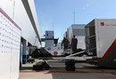 A Sauber C31 is unloaded from the team transporter