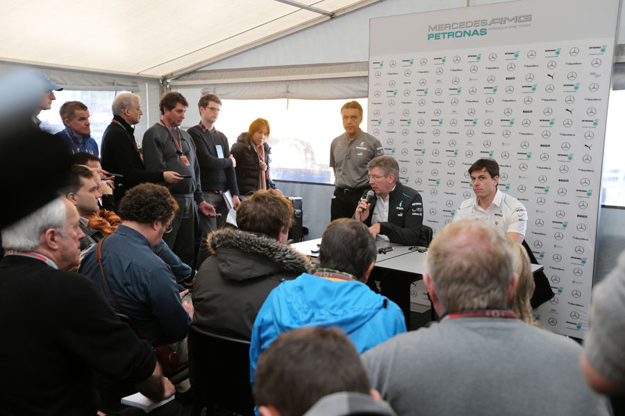 Ross Brawn and Toto Wolff face the media after the launch of the W04