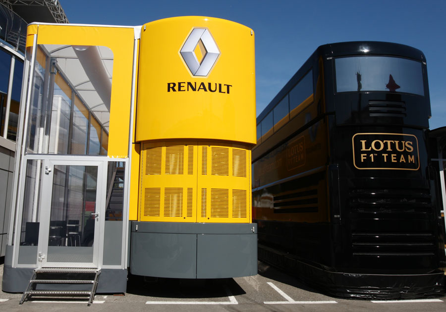 The Renault and Lotus motorhomes in the paddock