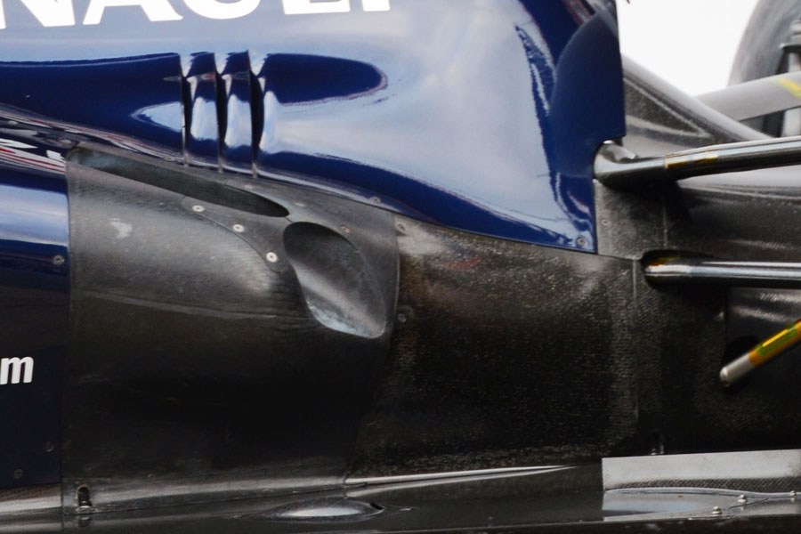 A close-up of the Williams FW35's exhaust