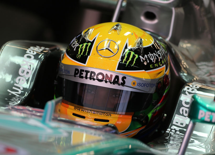 Lewis Hamilton in the cockpit of the Mercedes