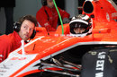 Max Chilton speaks to a Marussia engineer