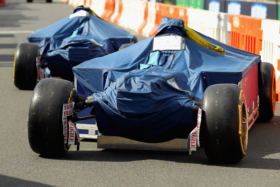 Daniel Ricciardo's car is unloaded into the pit lane at Albert Park