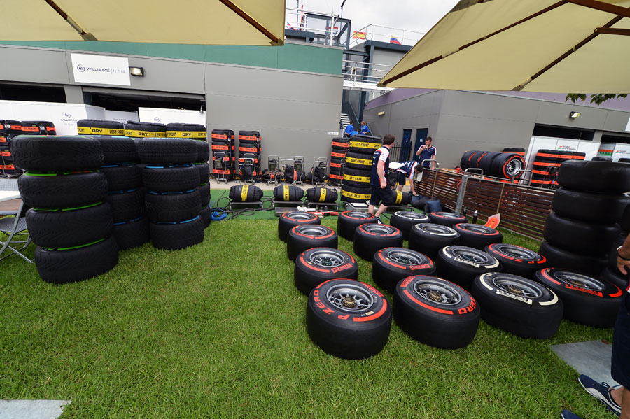 Pirelli tyres in the Williams area of the paddock