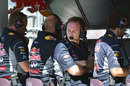 Christian Horner with a concerned look on the Red Bull pit wall