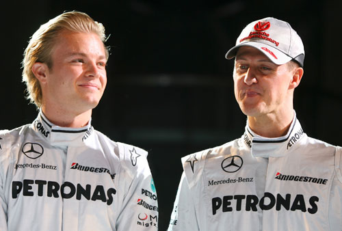 Nico Rosberg and Michael Schumacher at the Mercedes launch